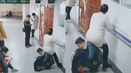 Chinese Man becomes A 'Chair' for Pregnant Wife so that she Could Sit.
